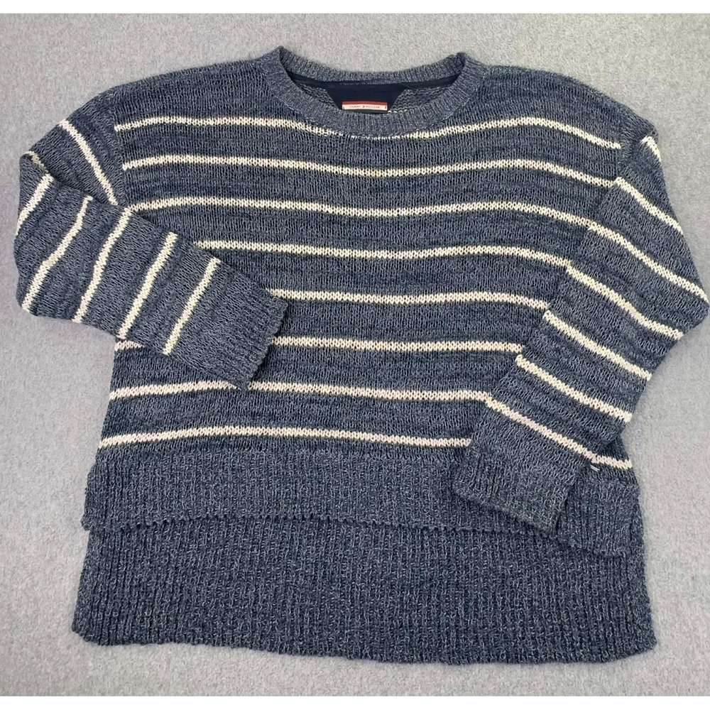 Y2K Tommy Hilfiger Heather Navy Striped Knit Sweater Women's Size Large‎ Preppy